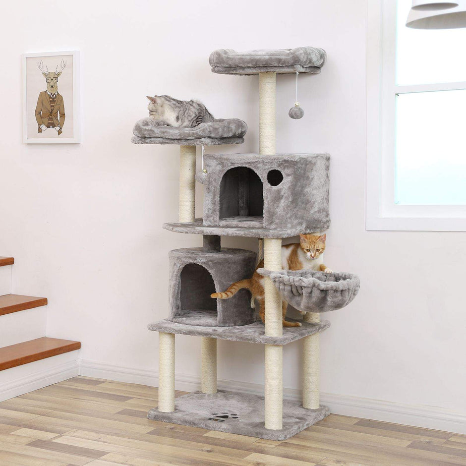 Cat Tree – Plush and Sisal – Smoky Grey – Multi-Level with Condos and Scratching Posts