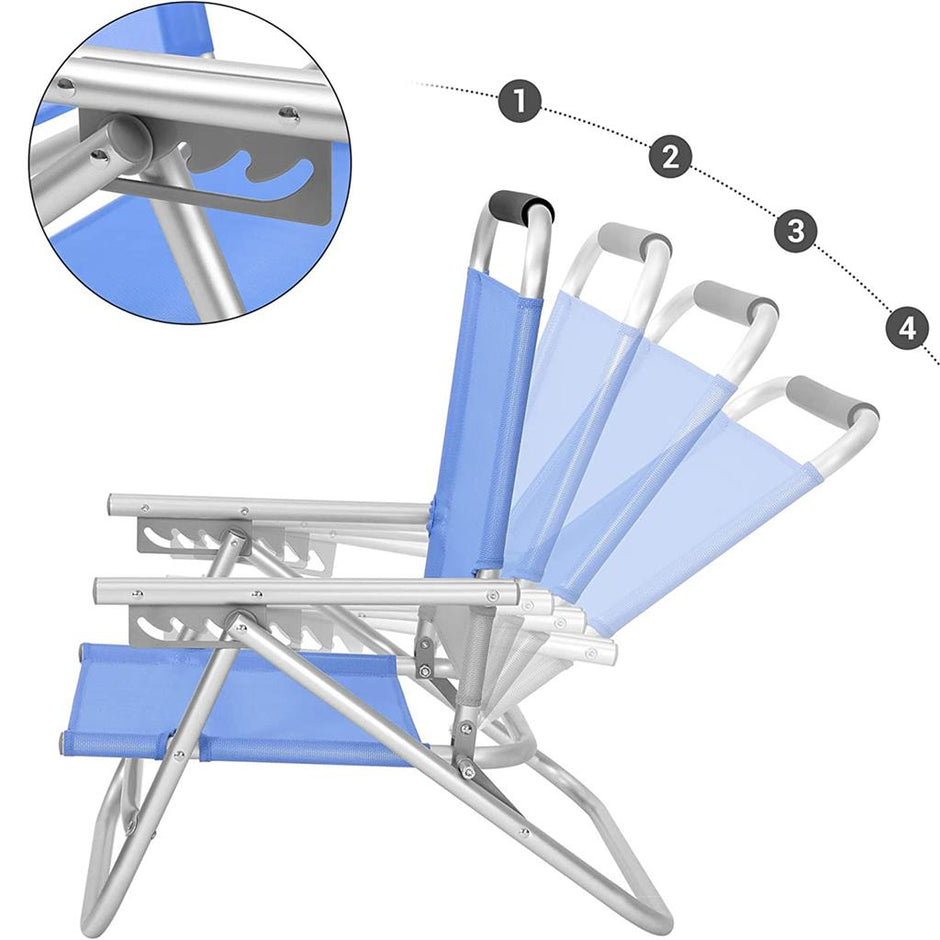 Portable Beach Chair – Fabric – Blue – 4-Position Reclining Backrest, Folding Design with Armrests