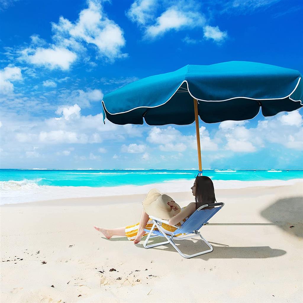 Portable Beach Chair – Fabric – Blue – 4-Position Reclining Backrest, Folding Design with Armrests