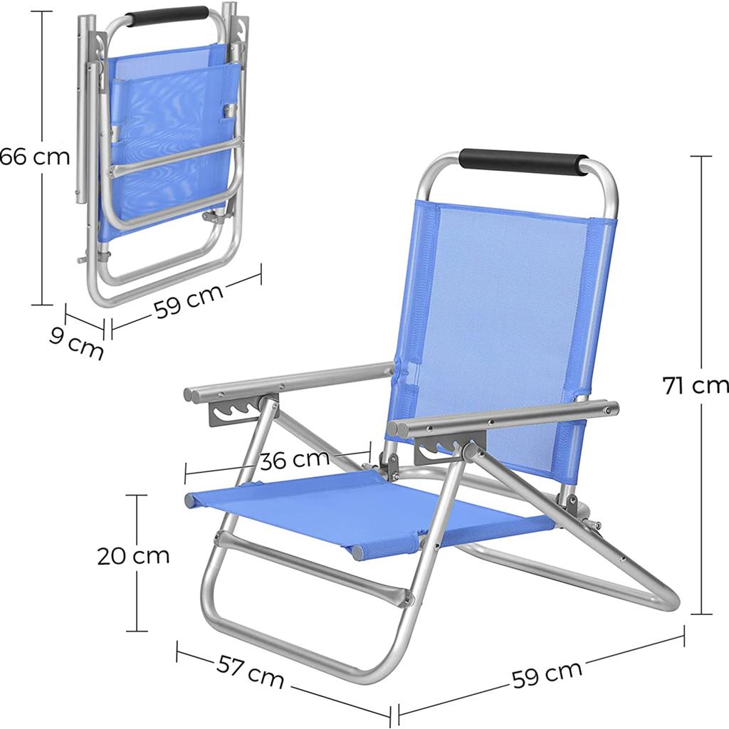 Portable Beach Chair – Fabric – Blue – 4-Position Reclining Backrest, Folding Design with Armrests