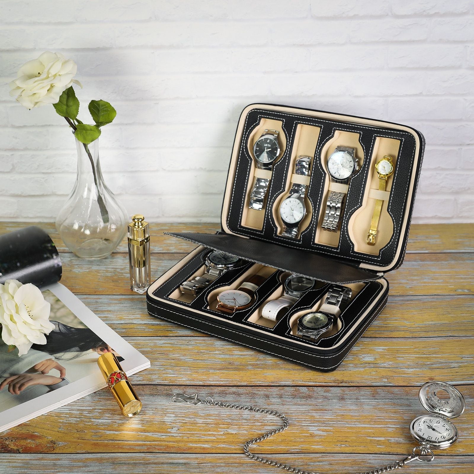 Portable Watch Travel Case – Fabric – Black – Zippered for 8 Watches