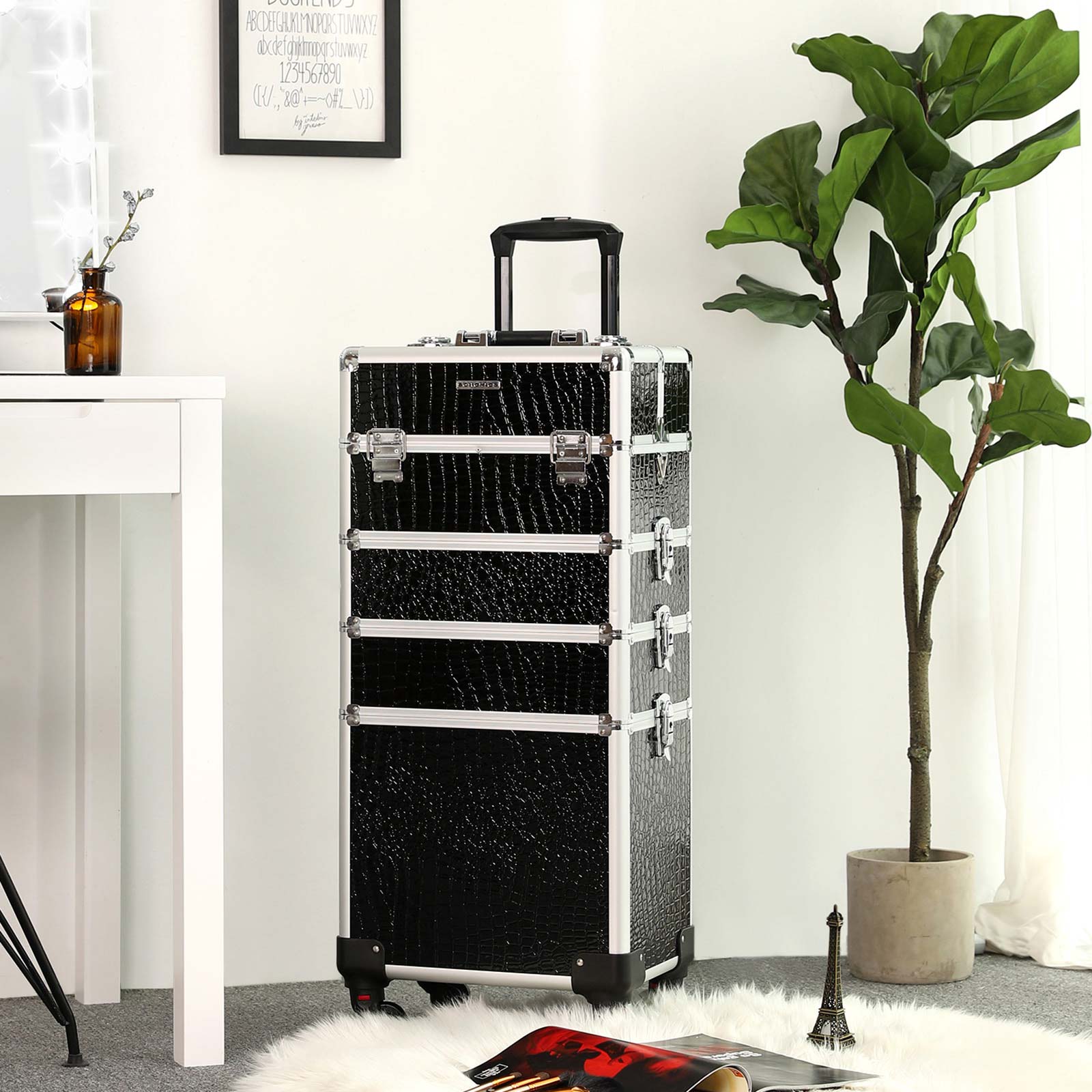 Professional Makeup Case – ABS – Black – 4-in-1 Design with Lockable Storage and Castors