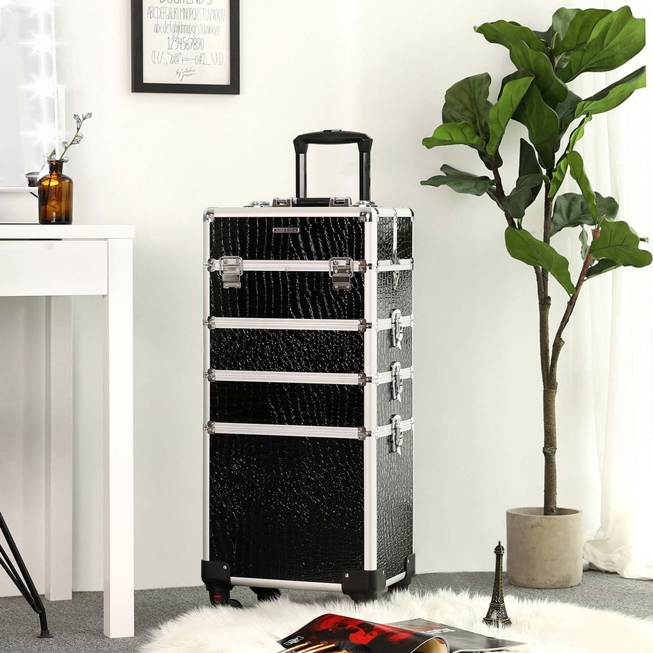 Professional Makeup Case – ABS – Black – 4-in-1 Design with Lockable Storage and Castors