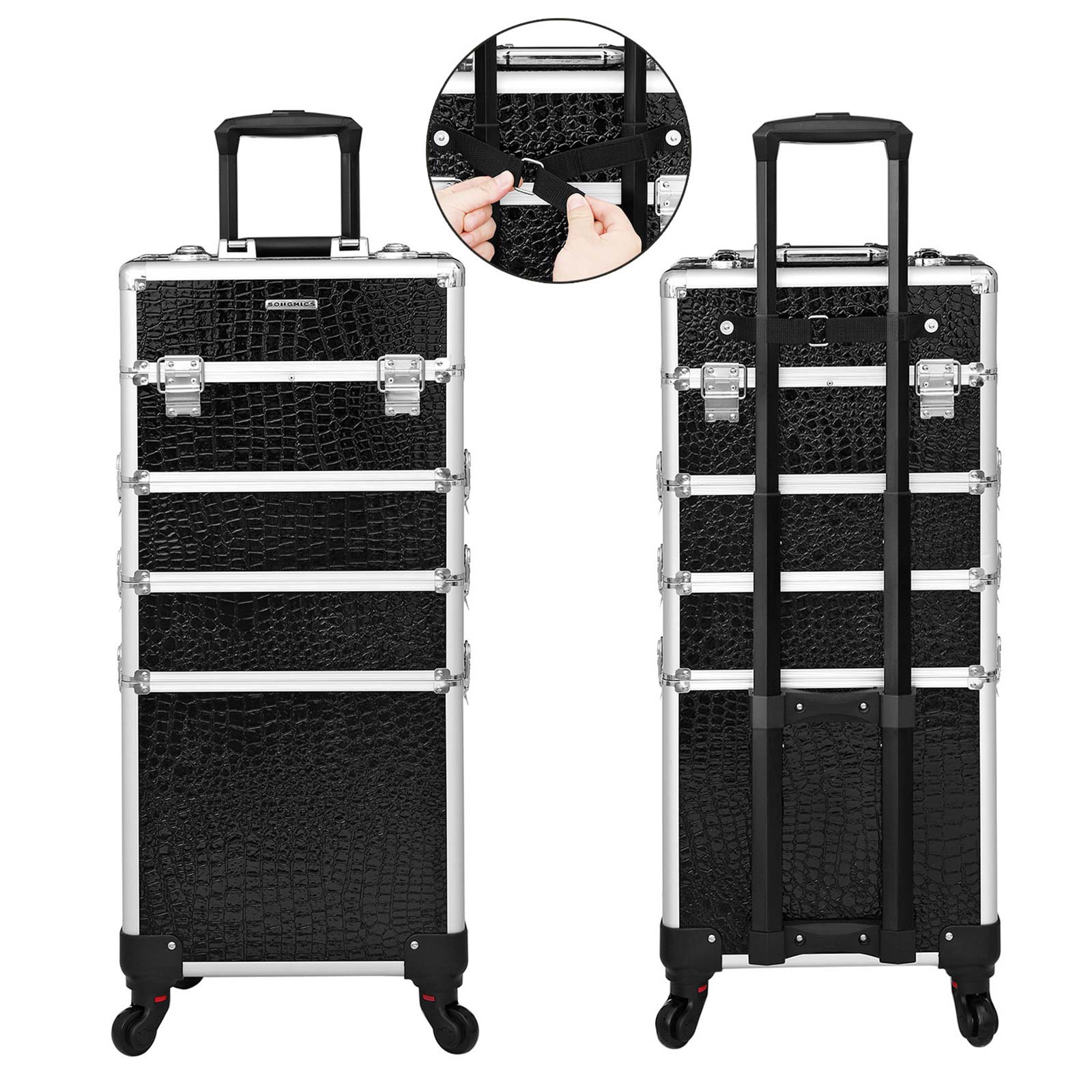 Professional Makeup Case – ABS – Black – 4-in-1 Design with Lockable Storage and Castors
