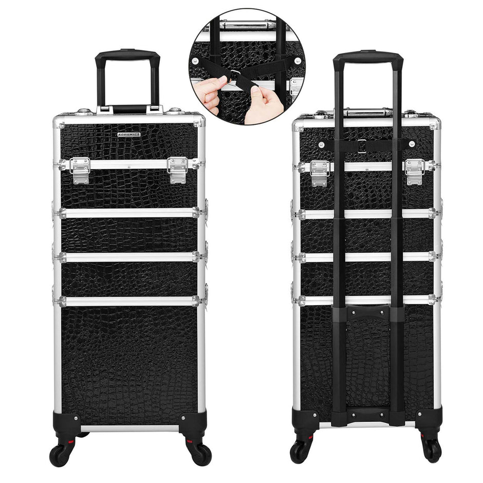 Professional Makeup Case – ABS – Black – 4-in-1 Design with Lockable Storage and Castors