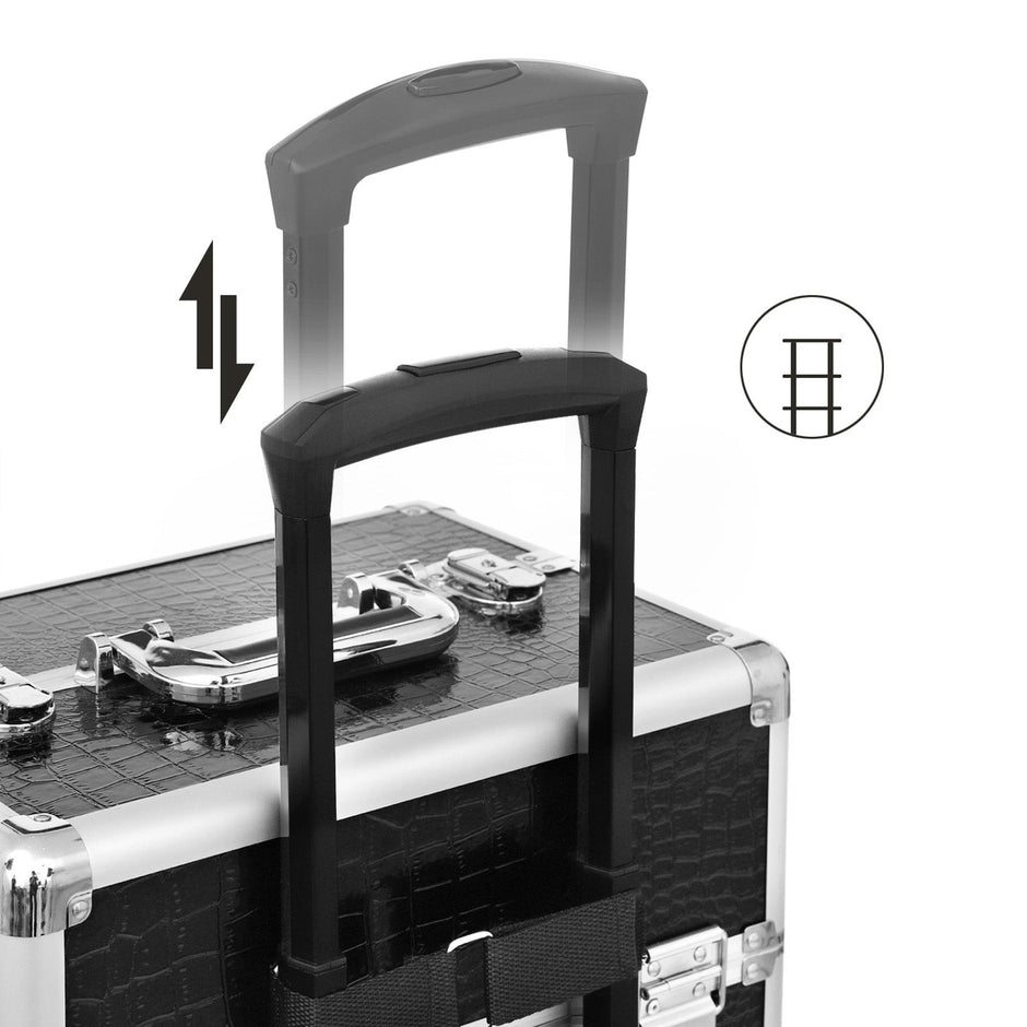 Professional Makeup Case – ABS – Black – 4-in-1 Design with Lockable Storage and Castors