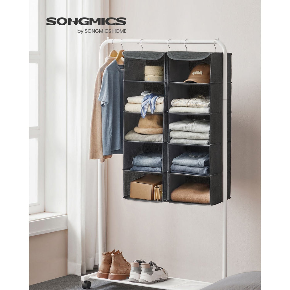 Set of 2 Hanging Wardrobe Storage Organisers – Fabric – Grey – 6 Shelves with Clips