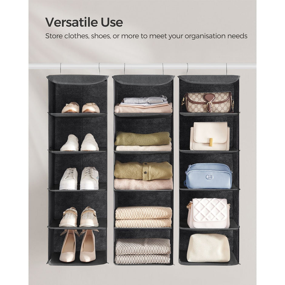Set of 2 Hanging Wardrobe Storage Organisers – Fabric – Grey – 6 Shelves with Clips