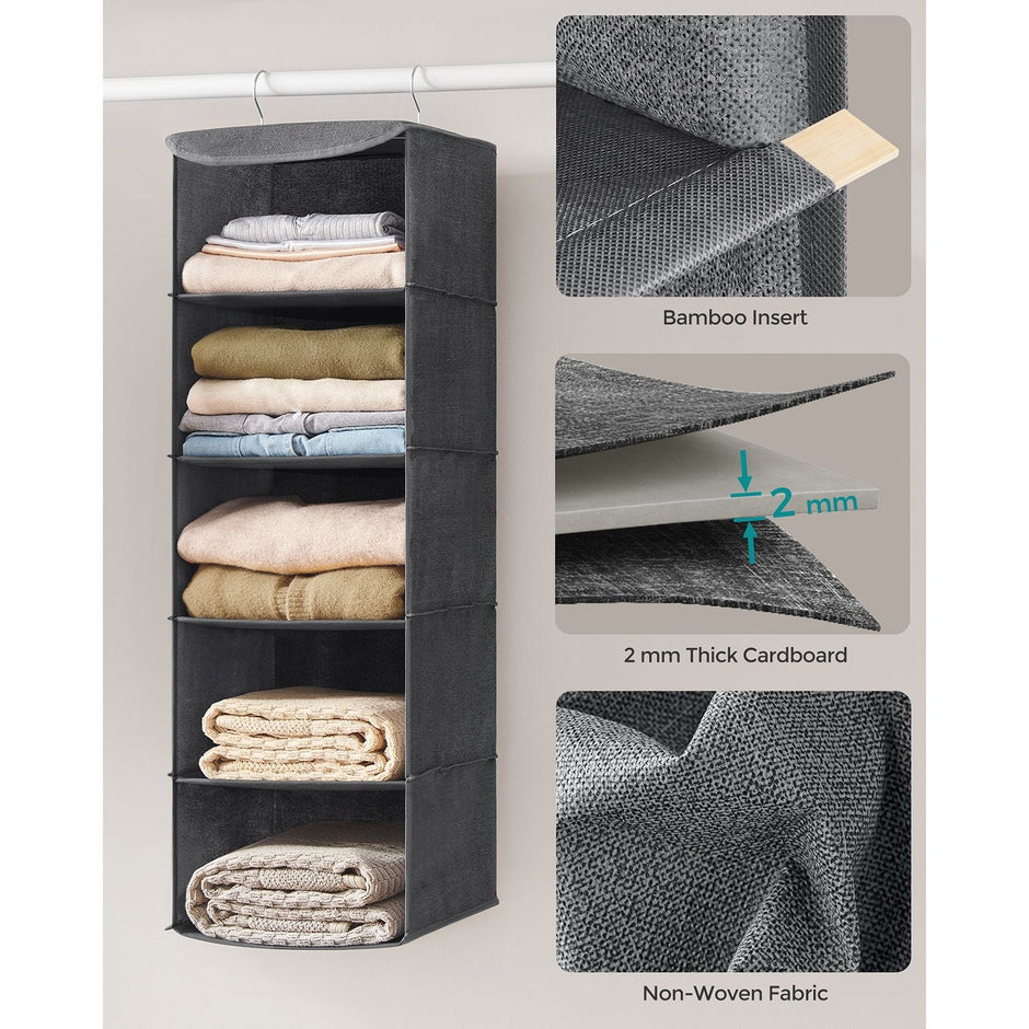 Set of 2 Hanging Wardrobe Storage Organisers – Fabric – Grey – 6 Shelves with Clips