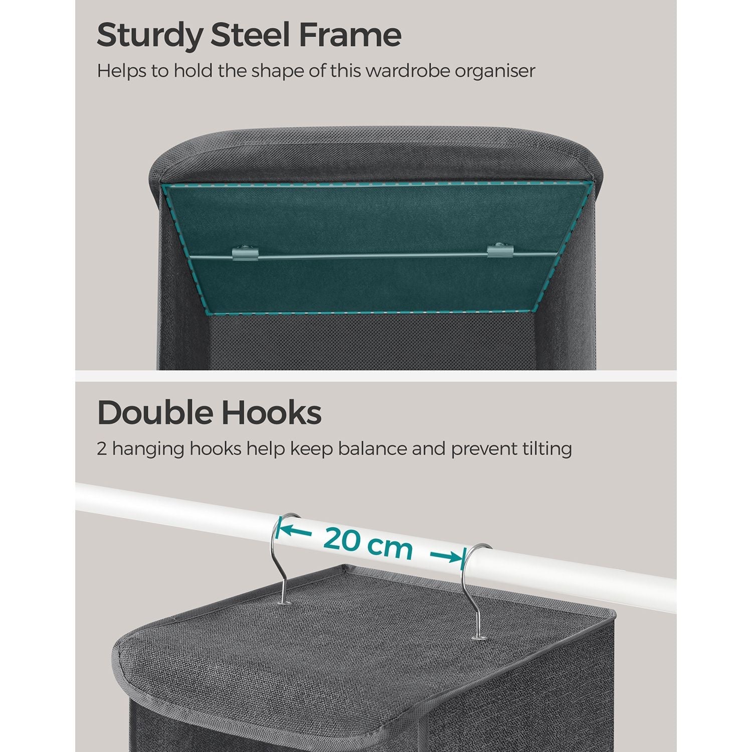 Set of 2 Hanging Wardrobe Storage Organisers – Fabric – Grey – 6 Shelves with Clips