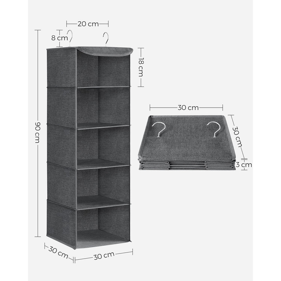 Set of 2 Hanging Wardrobe Storage Organisers – Fabric – Grey – 6 Shelves with Clips