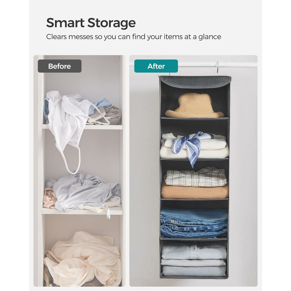 Set of 2 Hanging Wardrobe Storage Organisers – Fabric – Grey – 6 Shelves with Clips