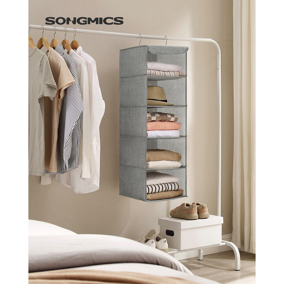 Hanging Storage Shelves – Fabric – Grey – 6-Tier Wardrobe Closet Organizer with Clips