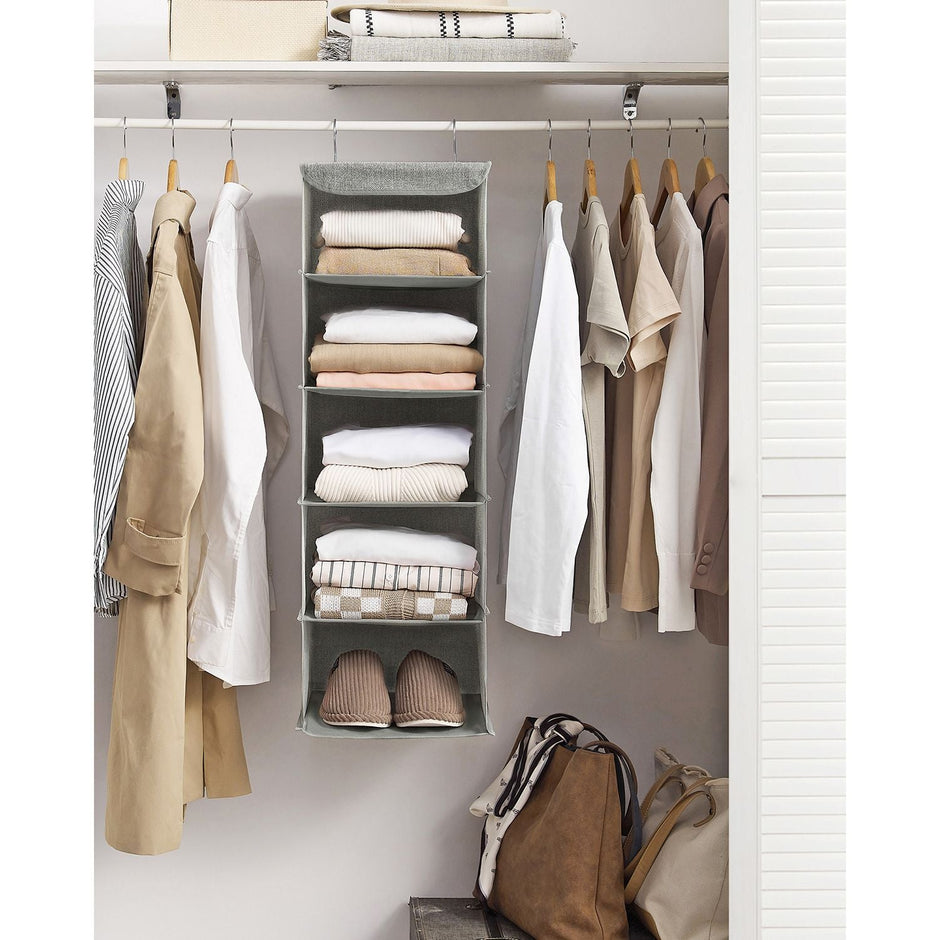 Hanging Storage Shelves – Fabric – Grey – 6-Tier Wardrobe Closet Organizer with Clips