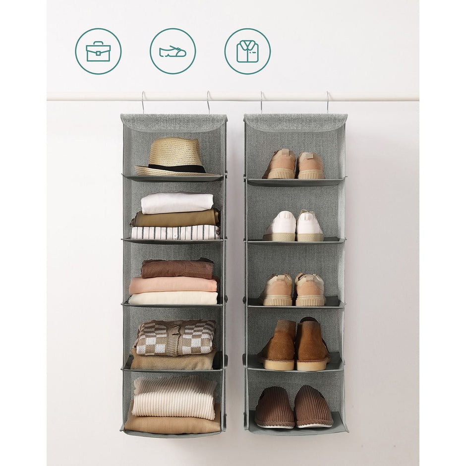 Hanging Storage Shelves – Fabric – Grey – 6-Tier Wardrobe Closet Organizer with Clips