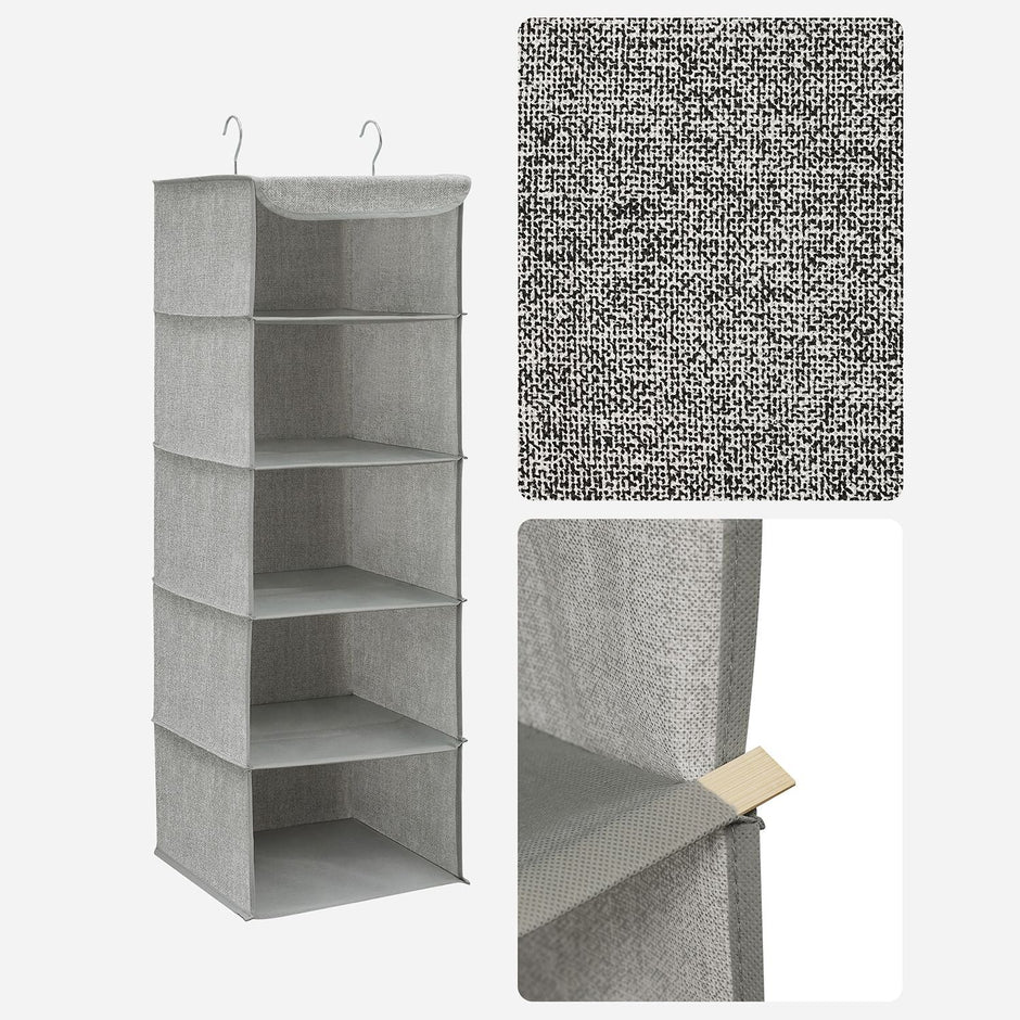 Hanging Storage Shelves – Fabric – Grey – 6-Tier Wardrobe Closet Organizer with Clips