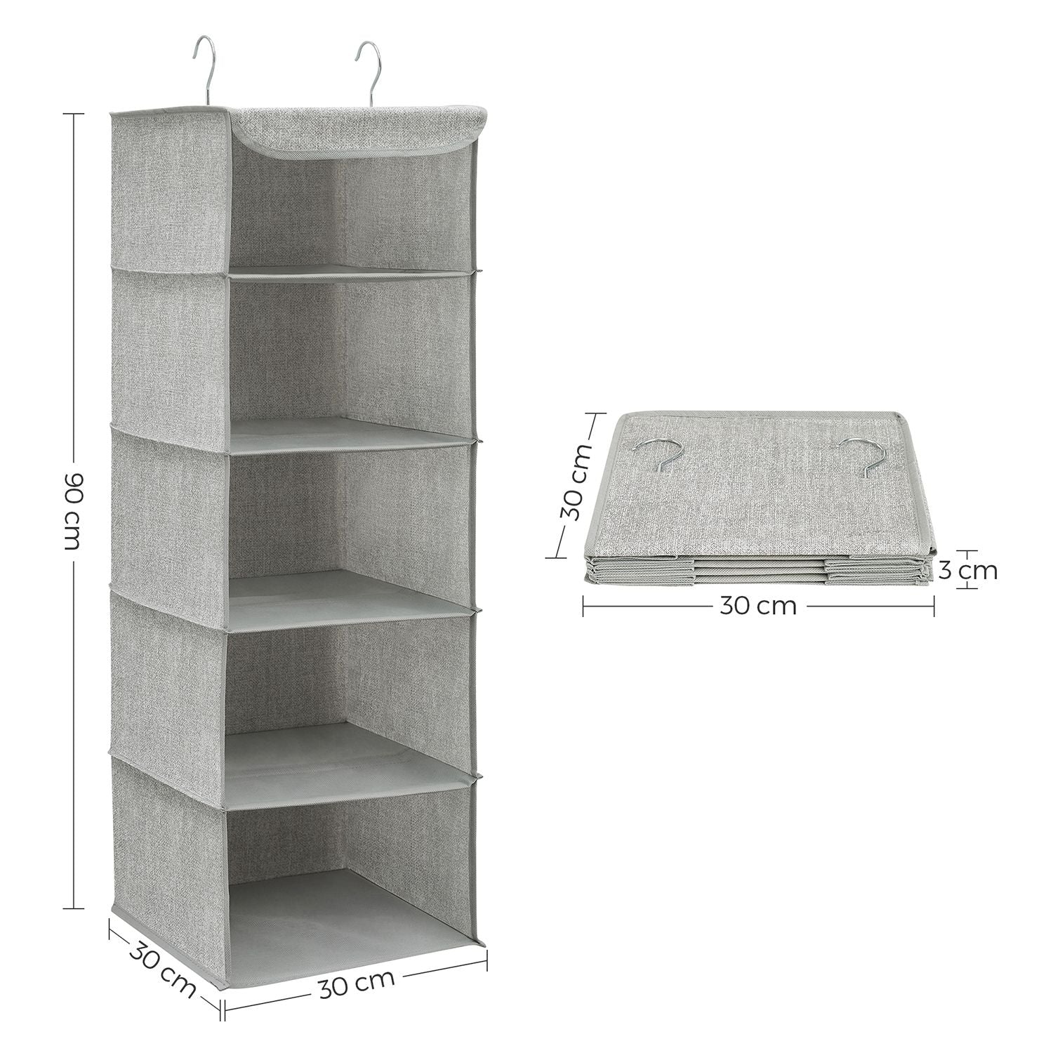 Hanging Storage Shelves – Fabric – Grey – 6-Tier Wardrobe Closet Organizer with Clips