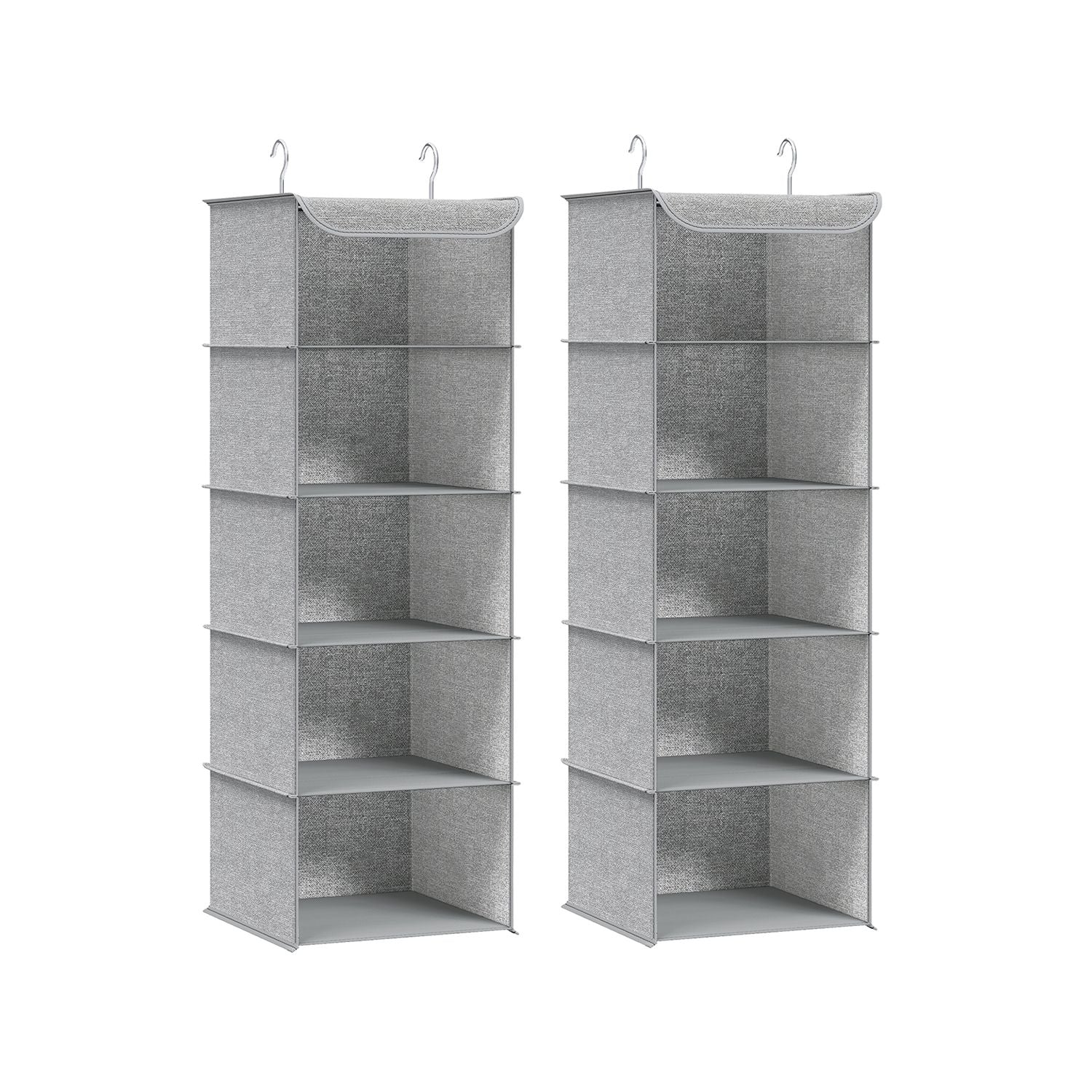 Hanging Wardrobe Storage Organisers – Fabric – Light Grey – Set of 2 with 6 Shelves and Clips