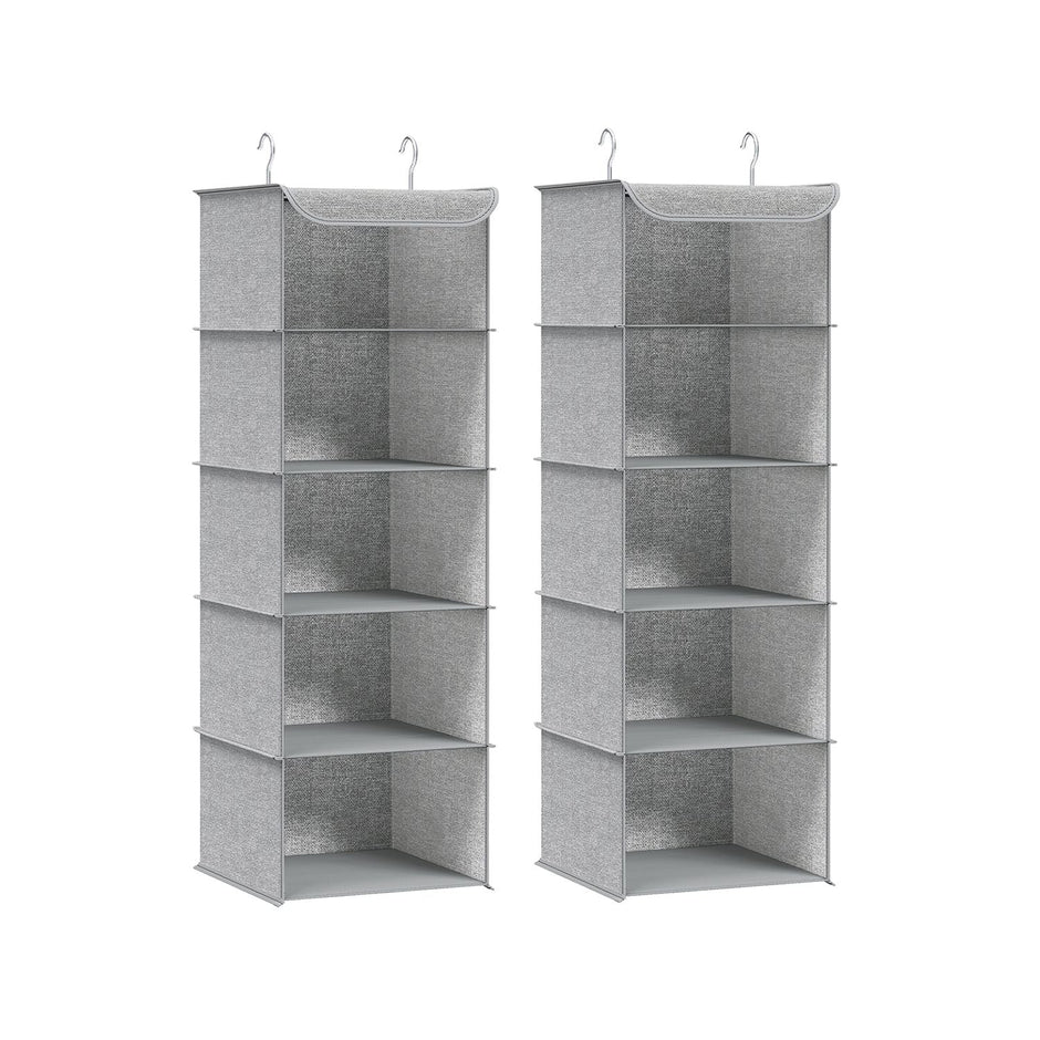 Hanging Wardrobe Storage Organisers – Fabric – Light Grey – Set of 2 with 6 Shelves and Clips