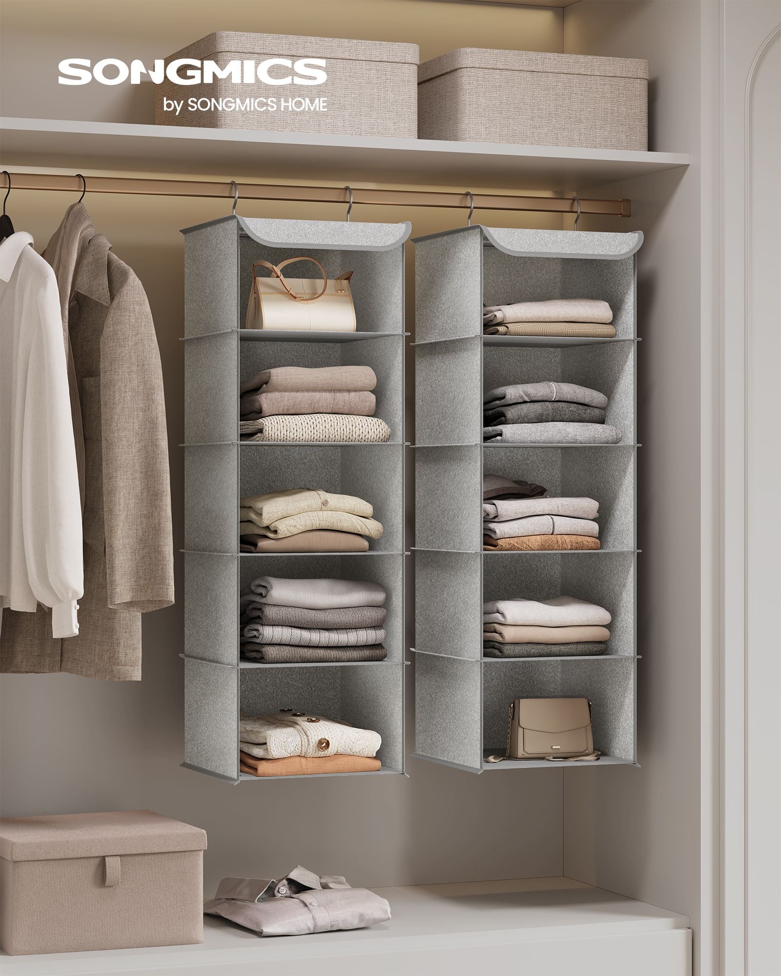 Hanging Wardrobe Storage Organisers – Fabric – Light Grey – Set of 2 with 6 Shelves and Clips
