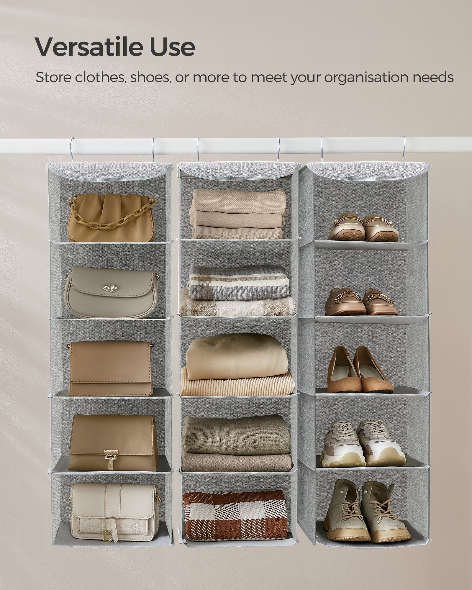 Hanging Wardrobe Storage Organisers – Fabric – Light Grey – Set of 2 with 6 Shelves and Clips
