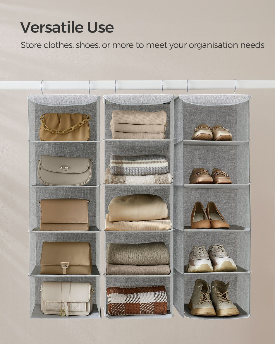 Hanging Wardrobe Storage Organisers – Fabric – Light Grey – Set of 2 with 6 Shelves and Clips