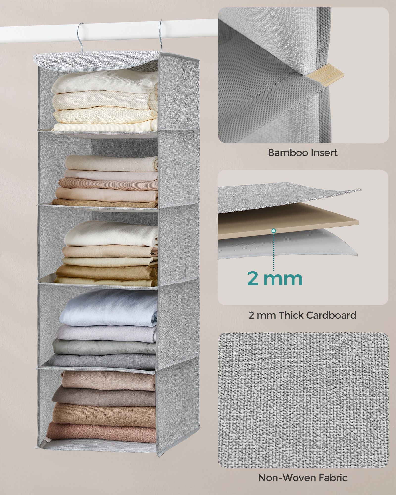 Hanging Wardrobe Storage Organisers – Fabric – Light Grey – Set of 2 with 6 Shelves and Clips