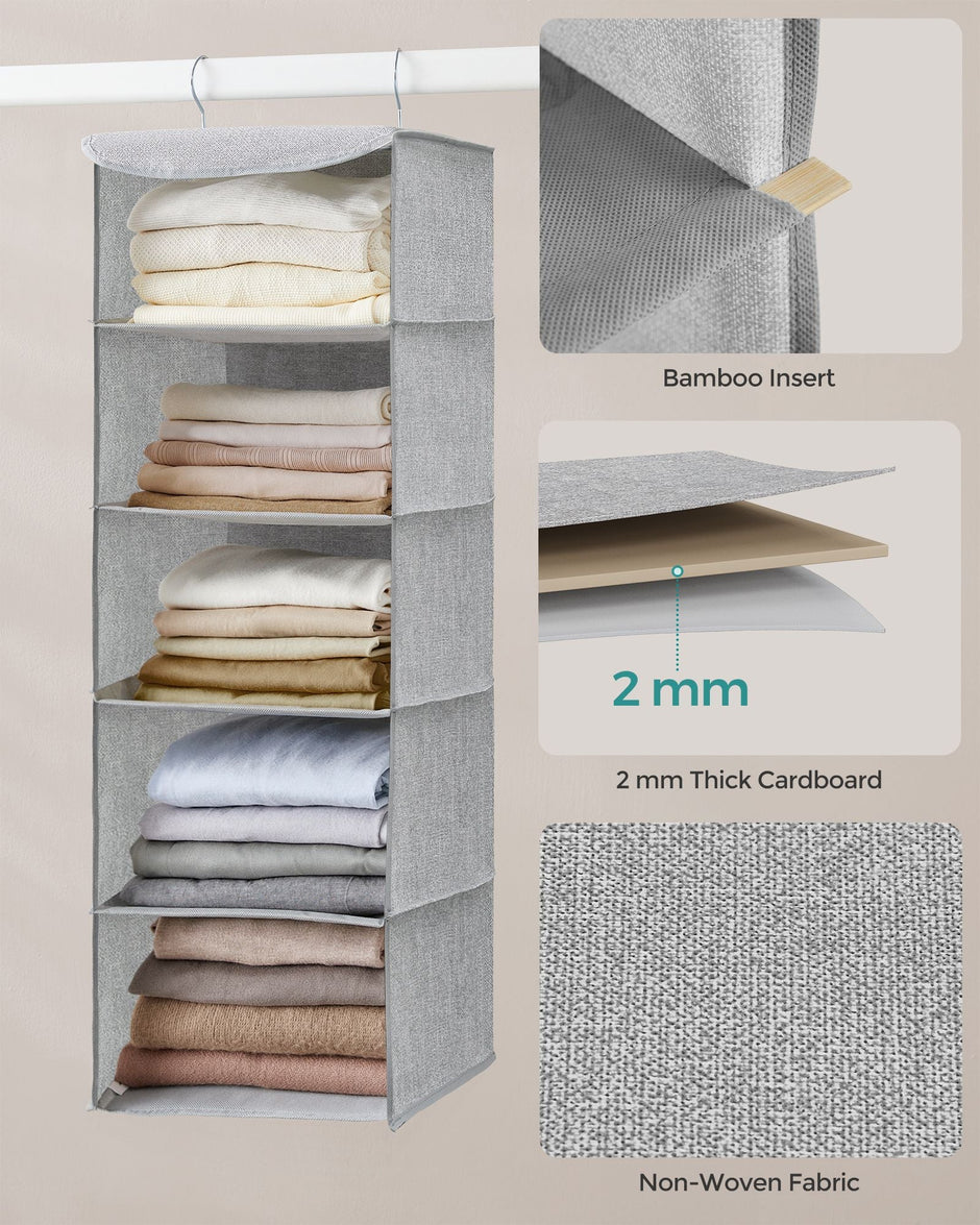 Hanging Wardrobe Storage Organisers – Fabric – Light Grey – Set of 2 with 6 Shelves and Clips