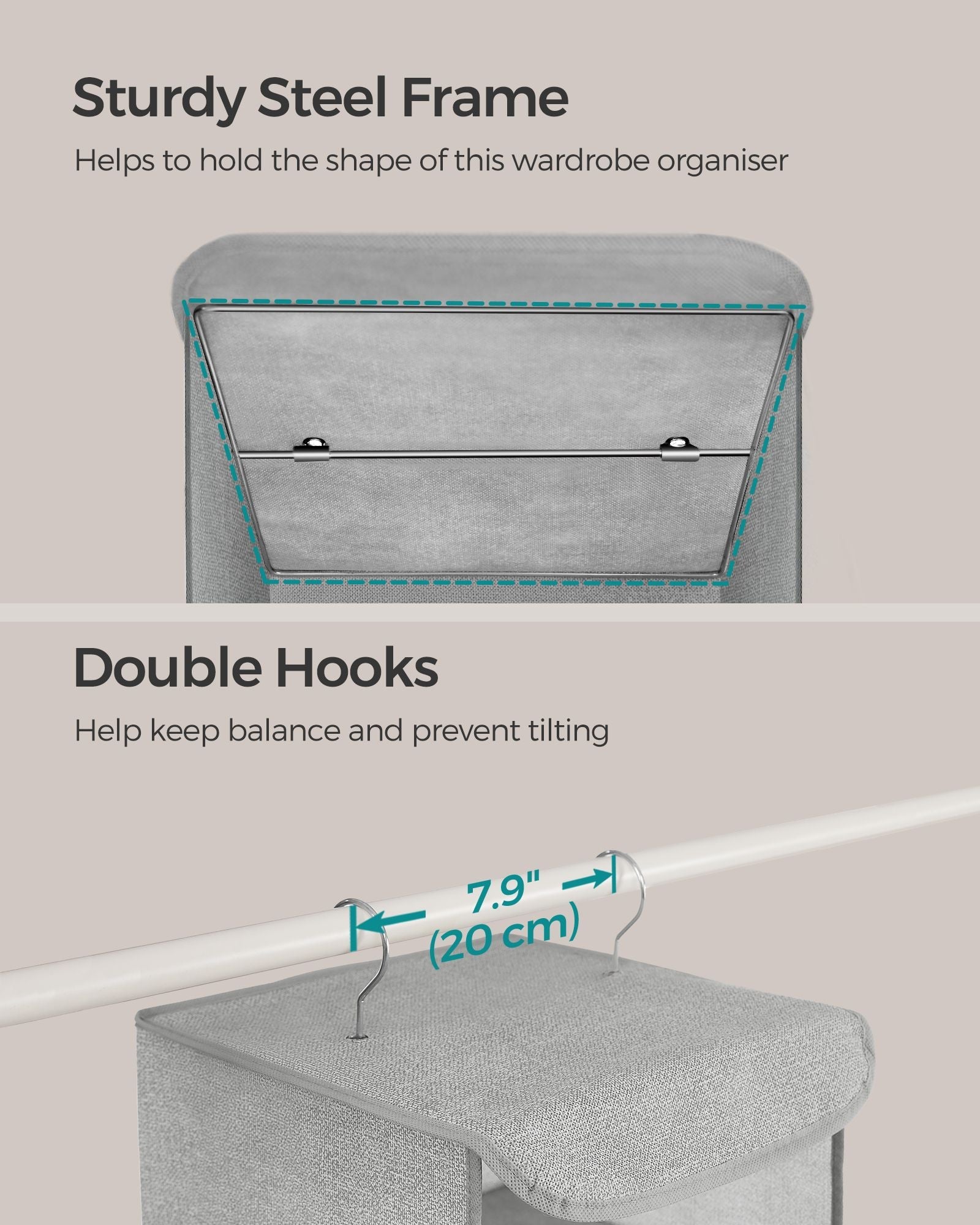 Hanging Wardrobe Storage Organisers – Fabric – Light Grey – Set of 2 with 6 Shelves and Clips