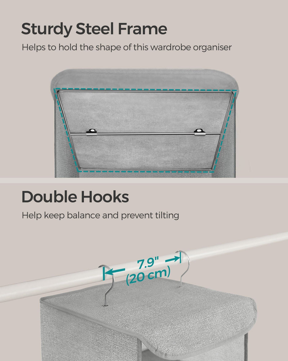 Hanging Wardrobe Storage Organisers – Fabric – Light Grey – Set of 2 with 6 Shelves and Clips