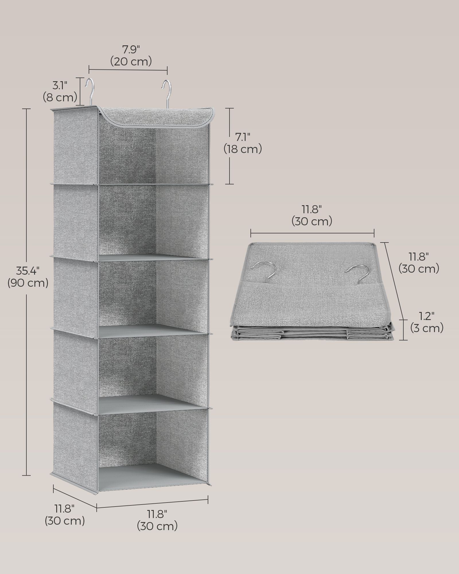 Hanging Wardrobe Storage Organisers – Fabric – Light Grey – Set of 2 with 6 Shelves and Clips