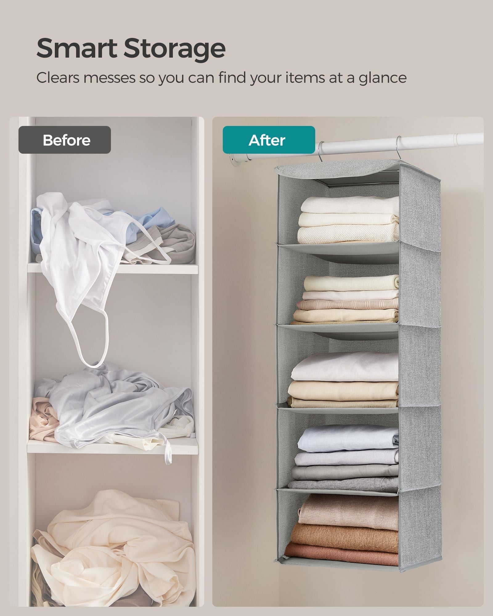 Hanging Wardrobe Storage Organisers – Fabric – Light Grey – Set of 2 with 6 Shelves and Clips