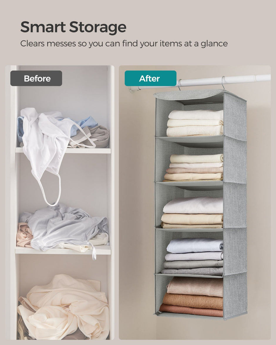 Hanging Wardrobe Storage Organisers – Fabric – Light Grey – Set of 2 with 6 Shelves and Clips