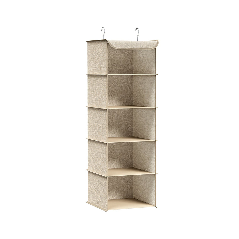 Hanging Wardrobe Storage Organiser – Fabric – Sand Beige – 6 Shelves with Clips