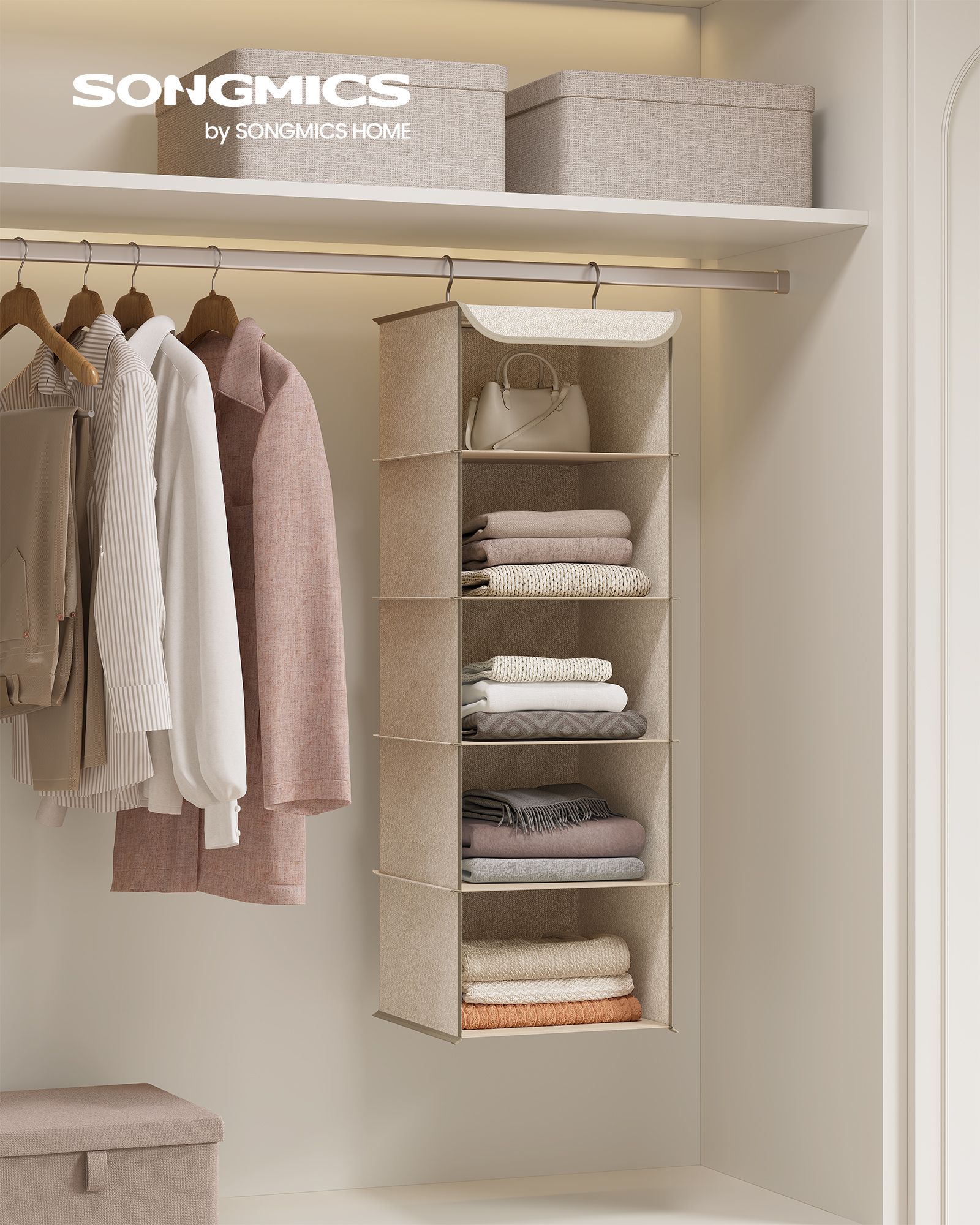 Hanging Wardrobe Storage Organiser – Fabric – Sand Beige – 6 Shelves with Clips