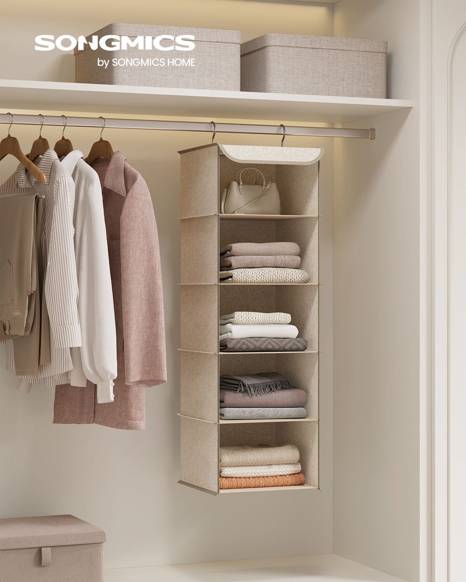 Hanging Wardrobe Storage Organiser – Fabric – Sand Beige – 6 Shelves with Clips