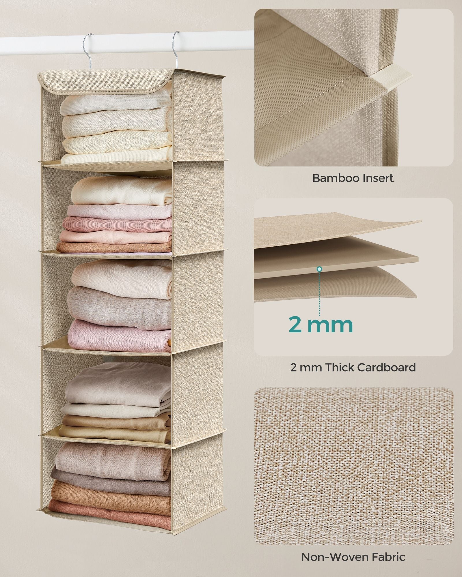 Hanging Wardrobe Storage Organiser – Fabric – Sand Beige – 6 Shelves with Clips