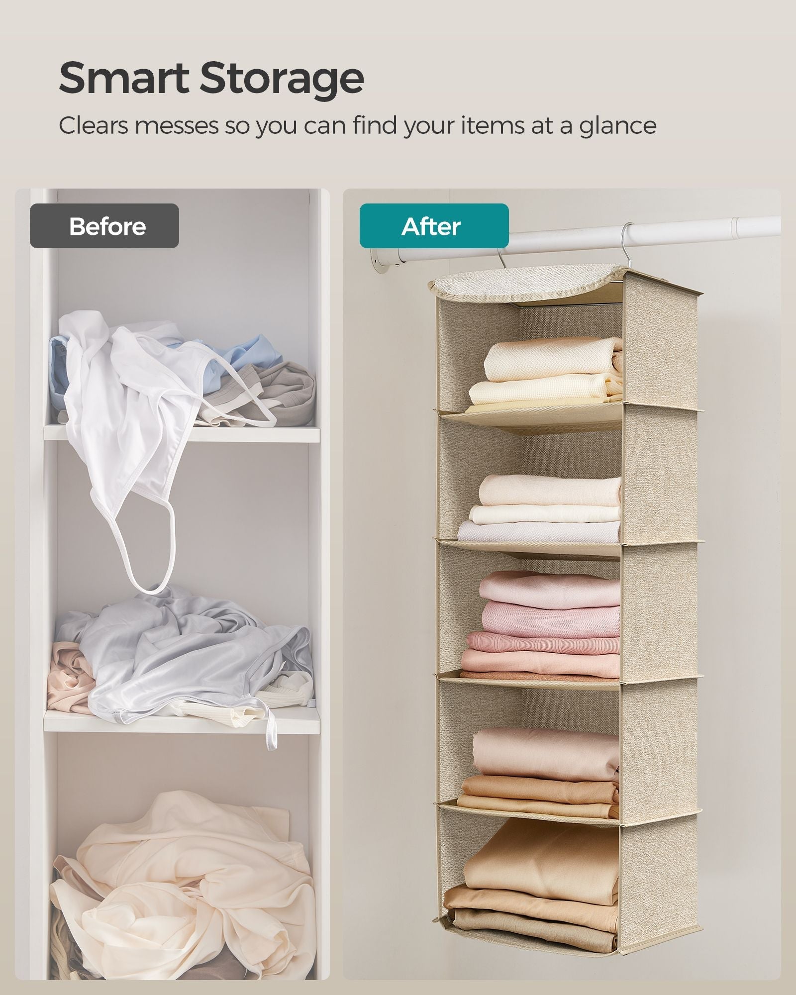 Hanging Wardrobe Storage Organiser – Fabric – Sand Beige – 6 Shelves with Clips