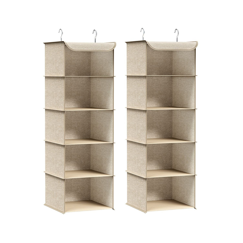 Set of 2 Hanging Wardrobe Storage Organisers – Fabric – Sand Beige – 6 Shelves