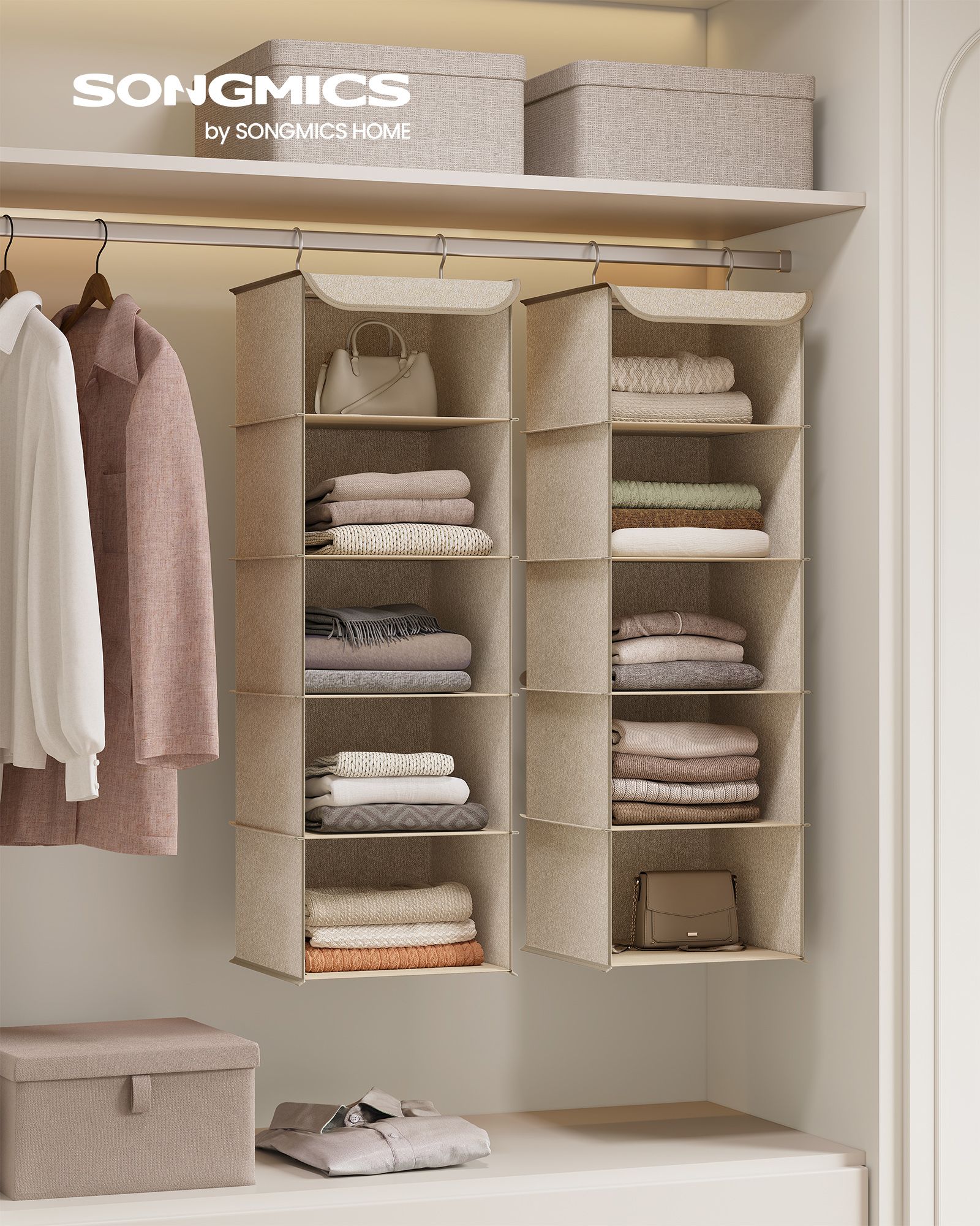 Set of 2 Hanging Wardrobe Storage Organisers – Fabric – Sand Beige – 6 Shelves