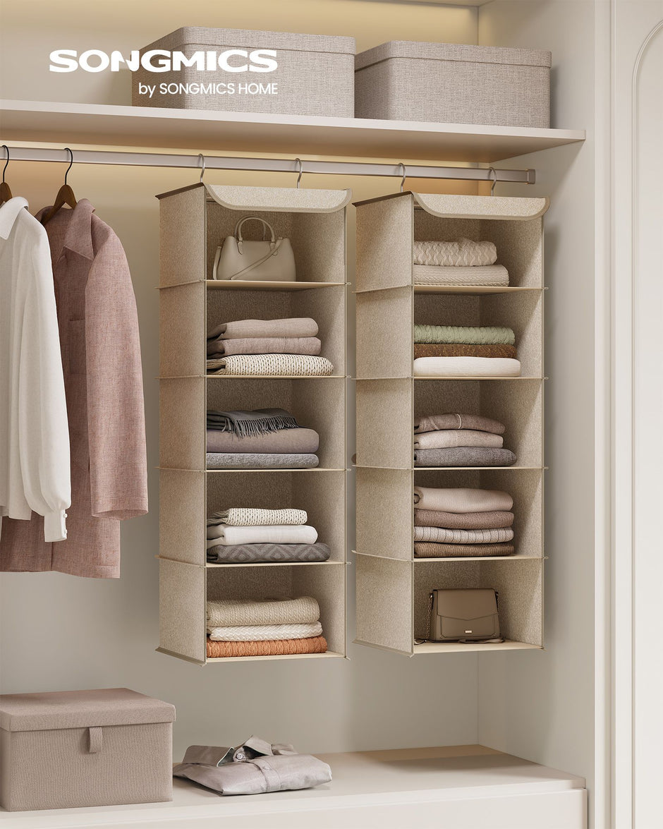 Set of 2 Hanging Wardrobe Storage Organisers – Fabric – Sand Beige – 6 Shelves