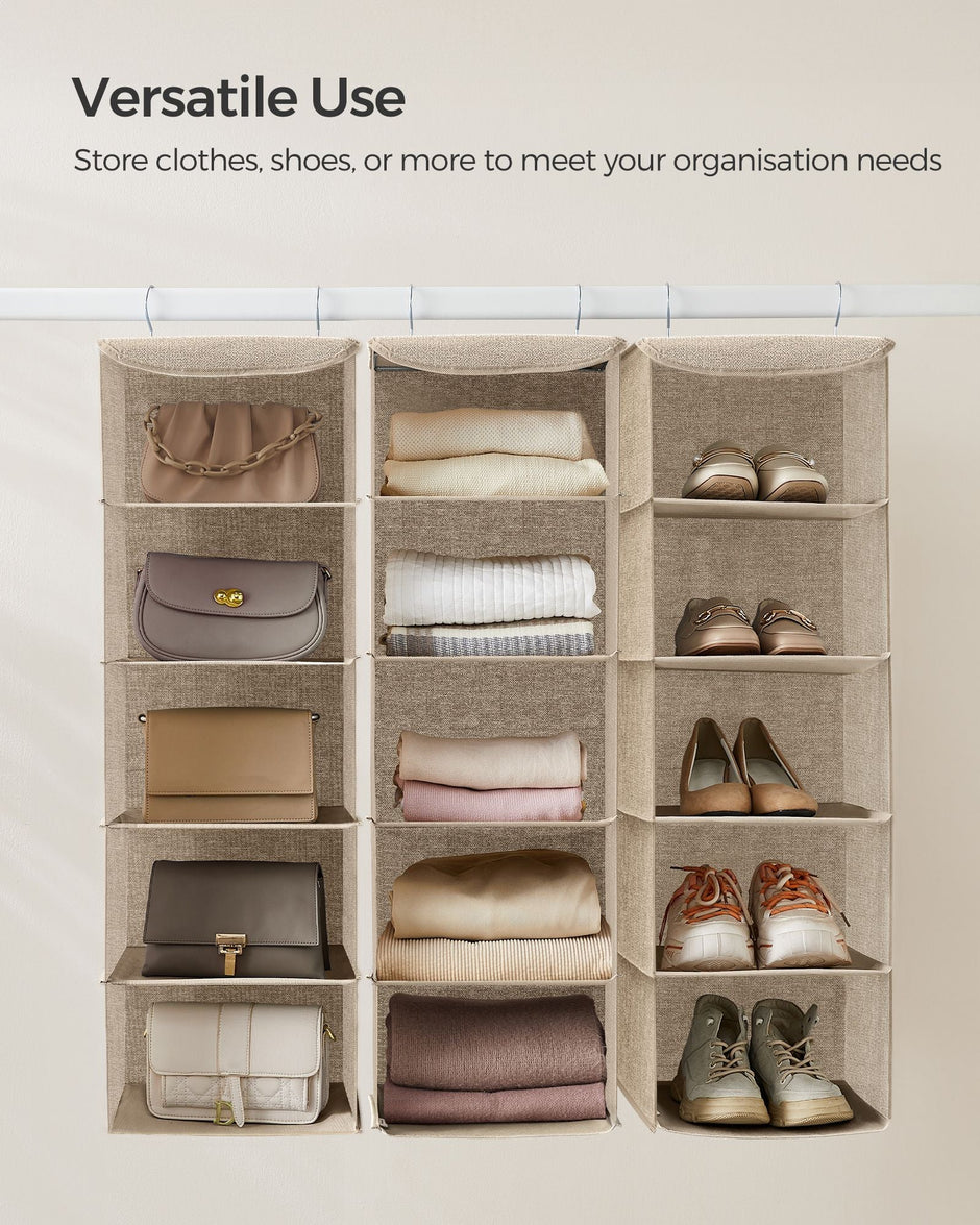 Set of 2 Hanging Wardrobe Storage Organisers – Fabric – Sand Beige – 6 Shelves