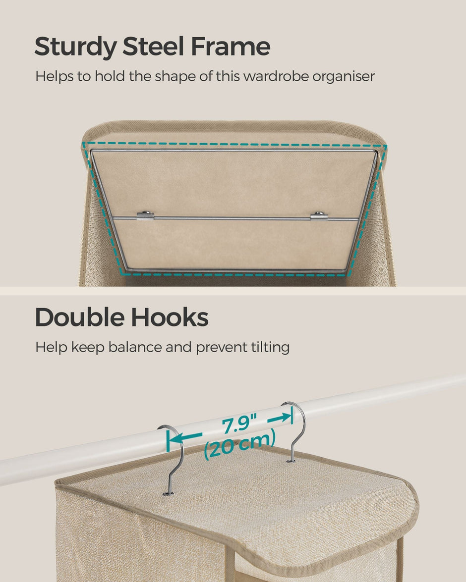Set of 2 Hanging Wardrobe Storage Organisers – Fabric – Sand Beige – 6 Shelves