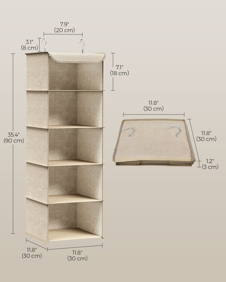 Set of 2 Hanging Wardrobe Storage Organisers – Fabric – Sand Beige – 6 Shelves