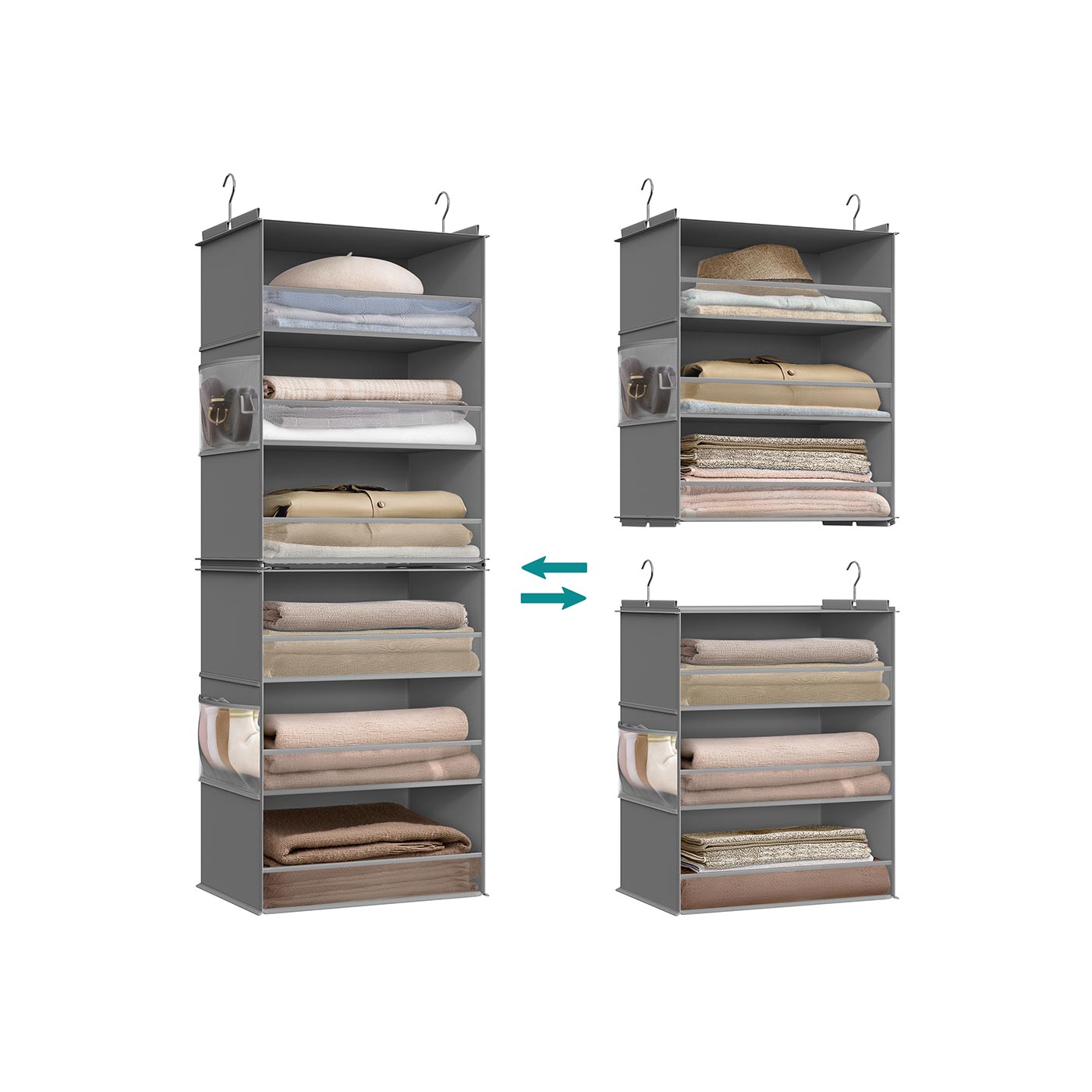 Hanging Wardrobe Organiser – Fabric – Dove Grey – 6-Tier with Separable Design and Side Pockets
