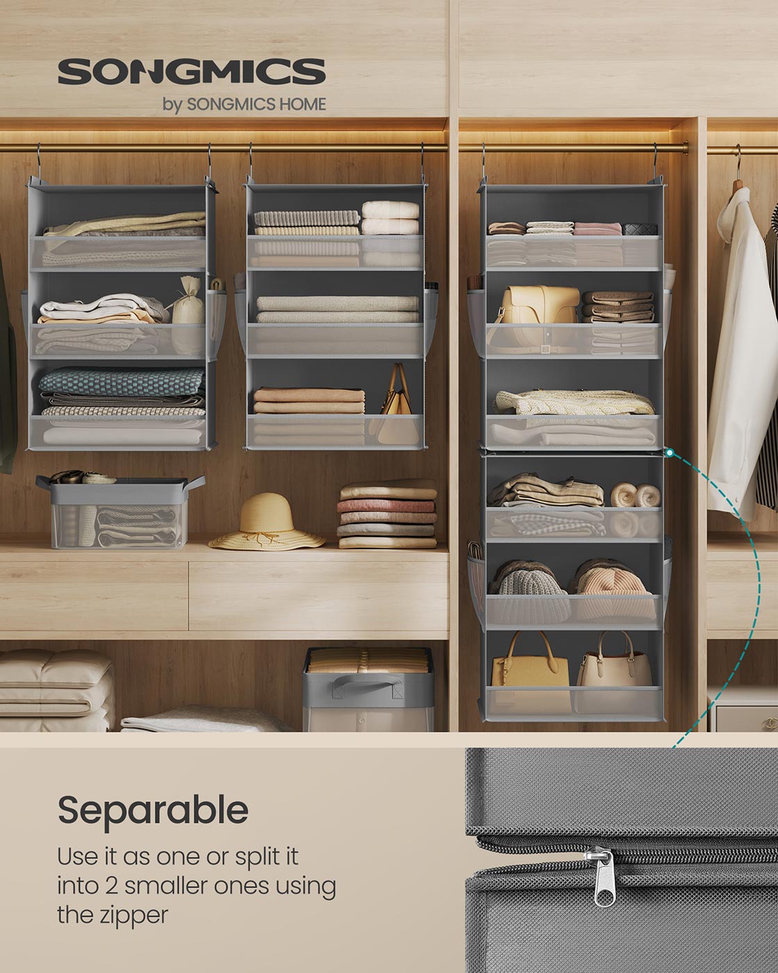 Hanging Wardrobe Organiser – Fabric – Dove Grey – 6-Tier with Separable Design and Side Pockets
