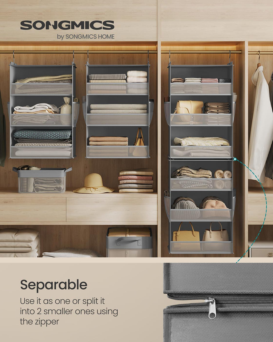 Hanging Wardrobe Organiser – Fabric – Dove Grey – 6-Tier with Separable Design and Side Pockets