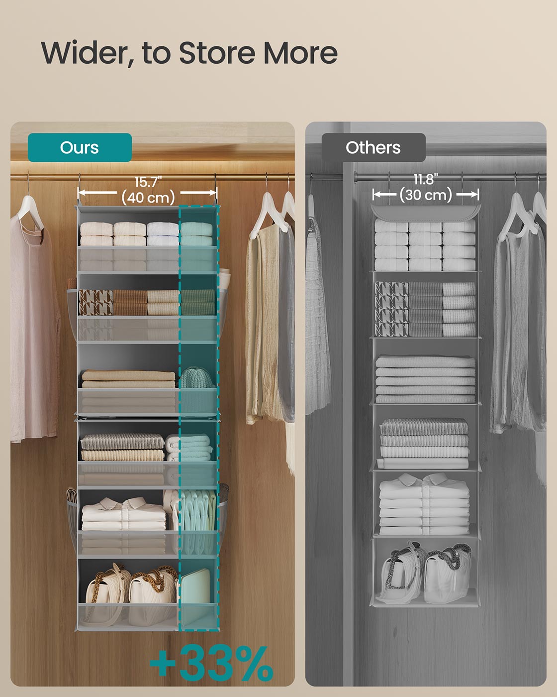 Hanging Wardrobe Organiser – Fabric – Dove Grey – 6-Tier with Separable Design and Side Pockets