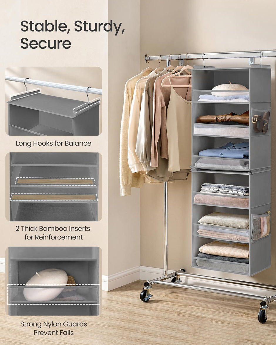 Hanging Wardrobe Organiser – Fabric – Dove Grey – 6-Tier with Separable Design and Side Pockets