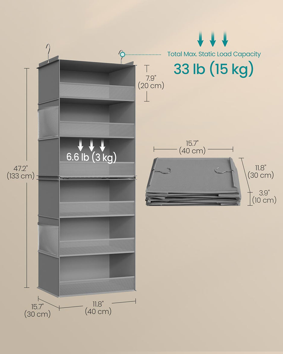 Hanging Wardrobe Organiser – Fabric – Dove Grey – 6-Tier with Separable Design and Side Pockets